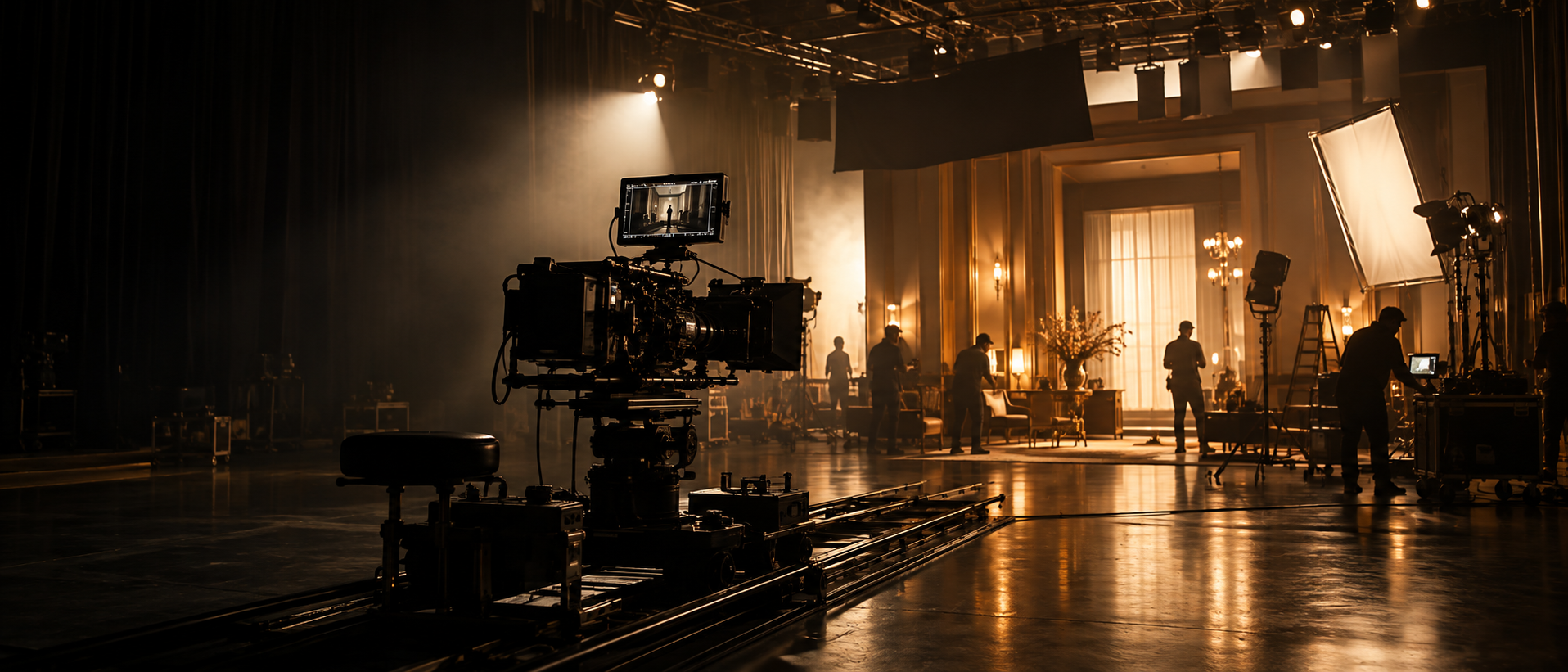 Cinematic film set with camera, crew and dramatic studio lighting