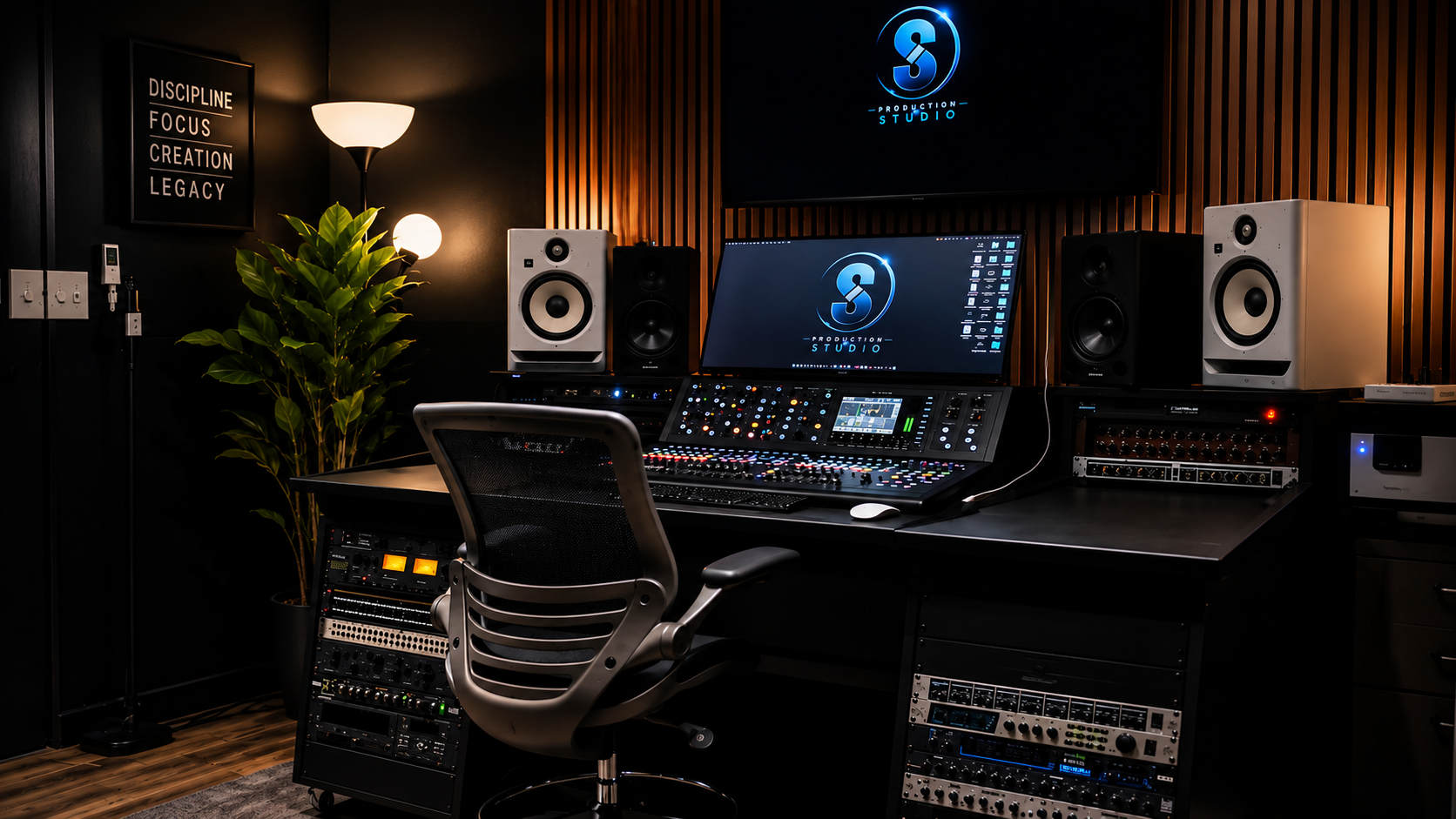 Sproduction Recording Studio control room with mixing console and monitors