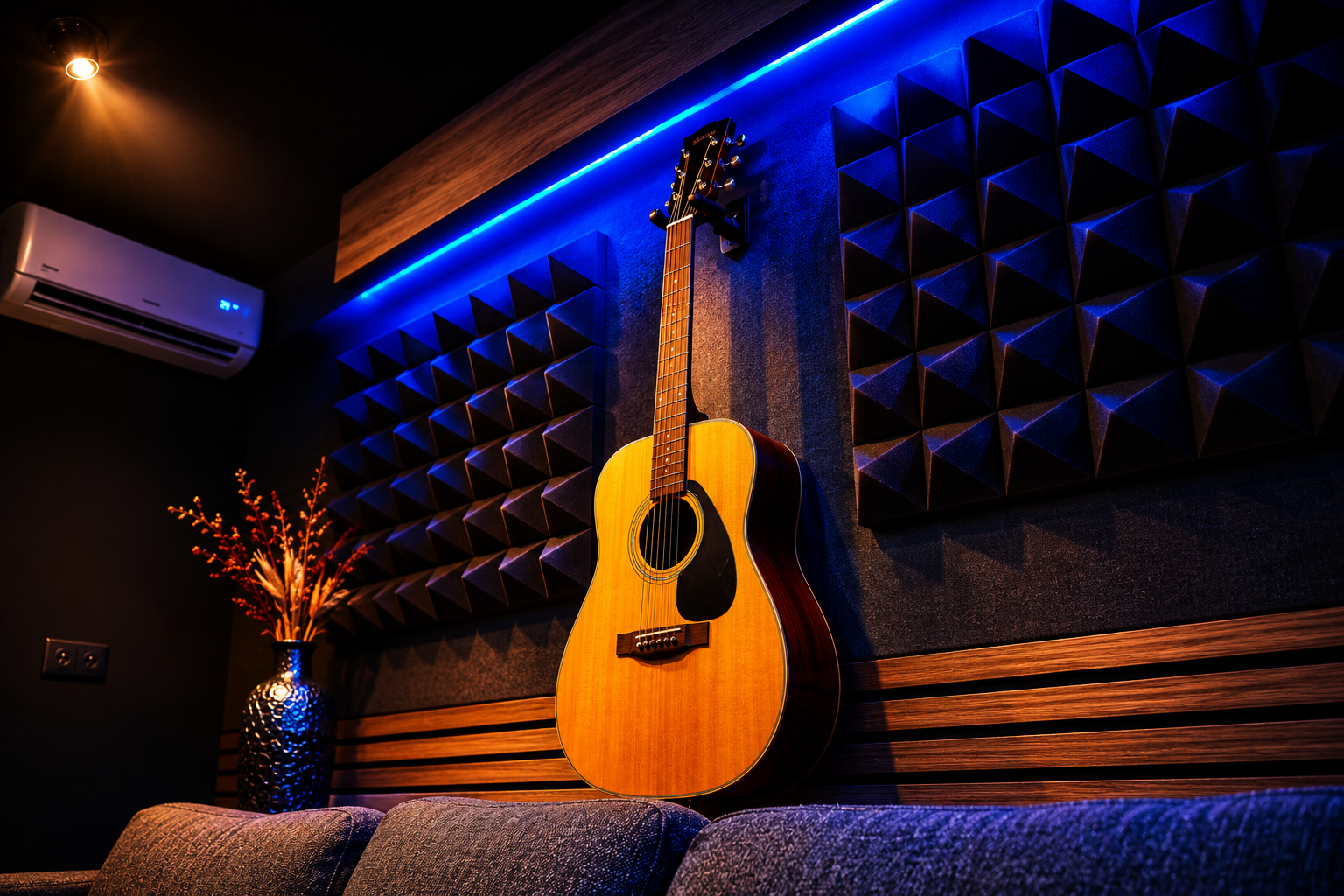 Acoustic guitar mounted between studio acoustic panels