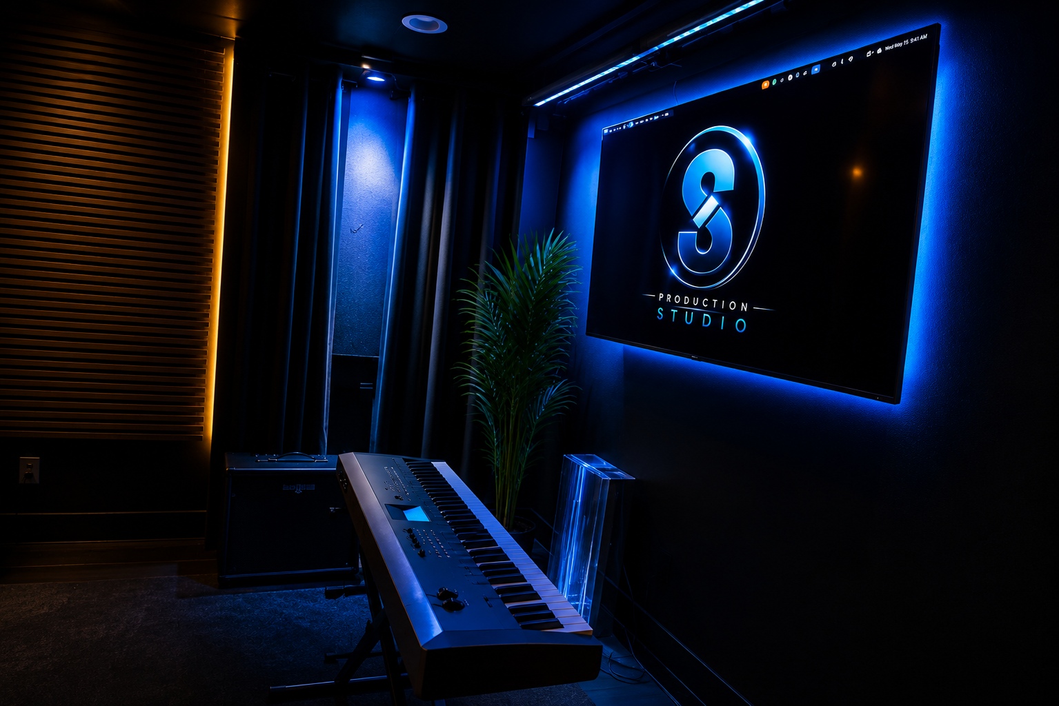 Keyboard room with blue studio lighting and Sproduction display