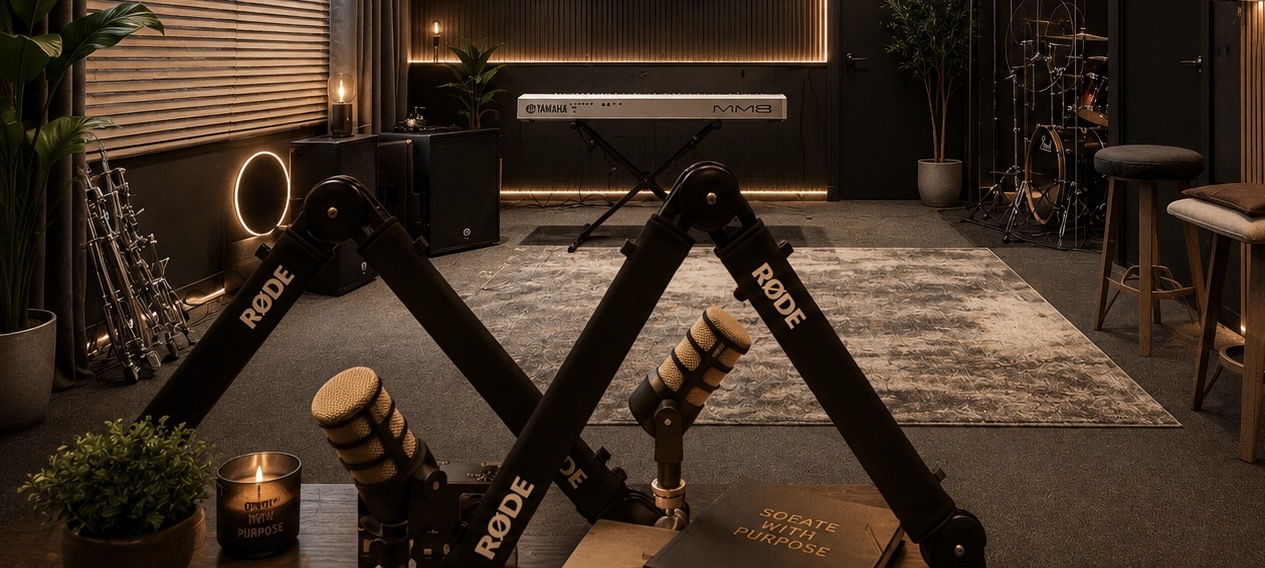 Podcast microphones arranged in the Sproduction studio